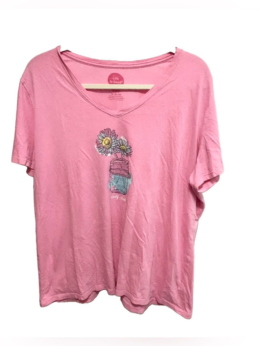 Life Is Good Pink V-Neck Tee with Floral Mason Jar Graphic